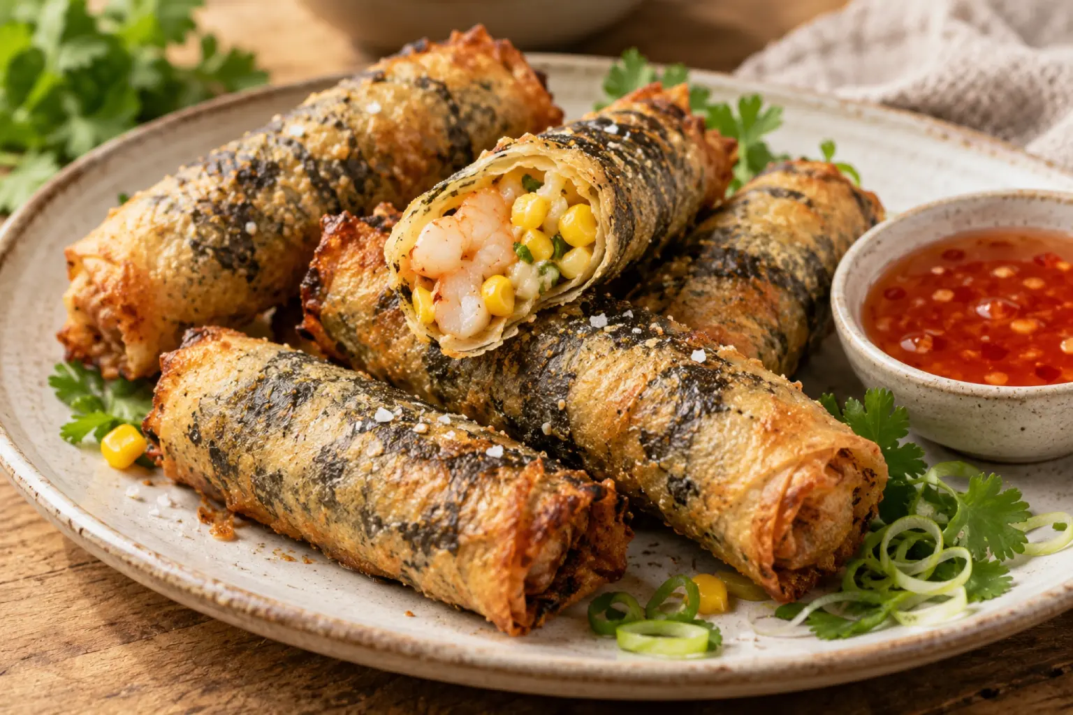 Crispy Seaweed Prawn Corn Rolls with Sweet Chilli Dip