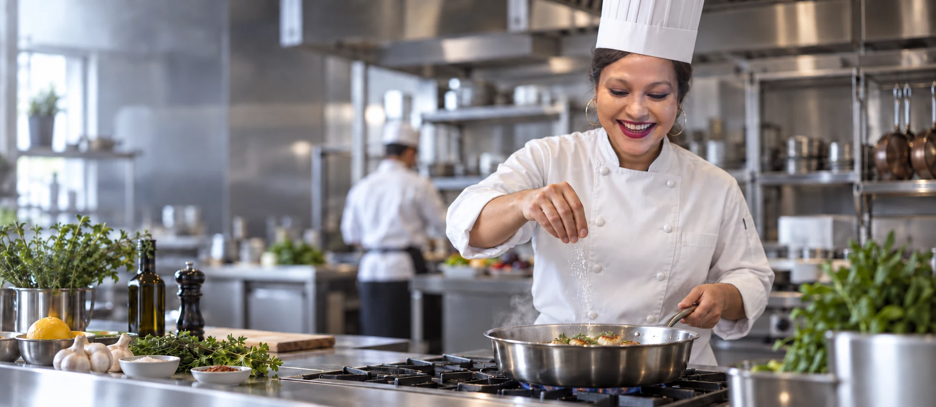 A chef preparing ingredients in a professional kitchen